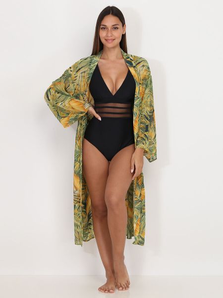 Gilets, Cardigans La Modeuse Femme Kimono Mi-Long À Imprimé Tropical- Jaune