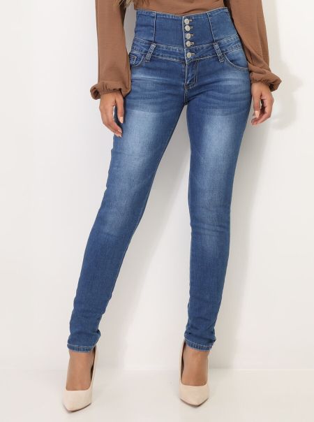 Femme La Modeuse Jeans Jeans Skinny Taille Haute À 5 Boutons- Bleu