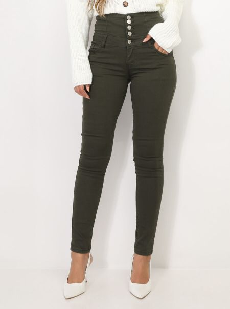 Femme Jeans Jeans Skinny Taille Haute À Boutons- Kaki La Modeuse