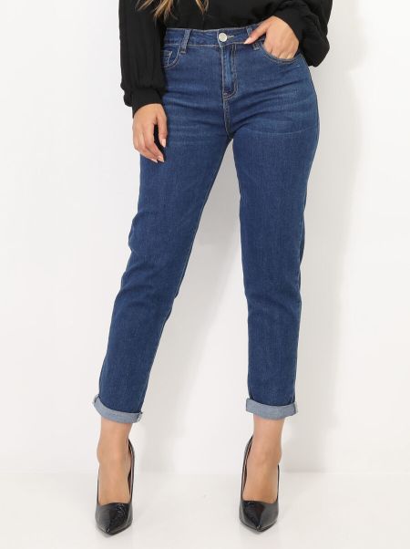 Jeans Mom Brut Légèrement Délavé- Bleu Foncé Femme Jeans La Modeuse