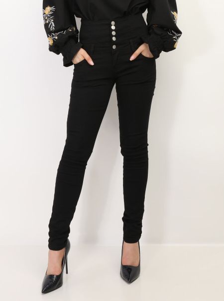 Jeans La Modeuse Jeans Skinny Taille Haute À Boutons- Noir Femme