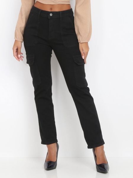 Jeans Droit Style Cargo- Noir Femme La Modeuse Jeans
