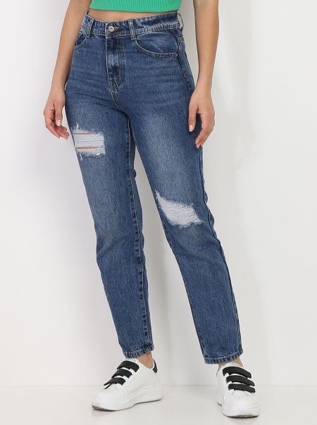 Jeans Jeans Droit Délavé Et Déchiré- Bleu La Modeuse Femme