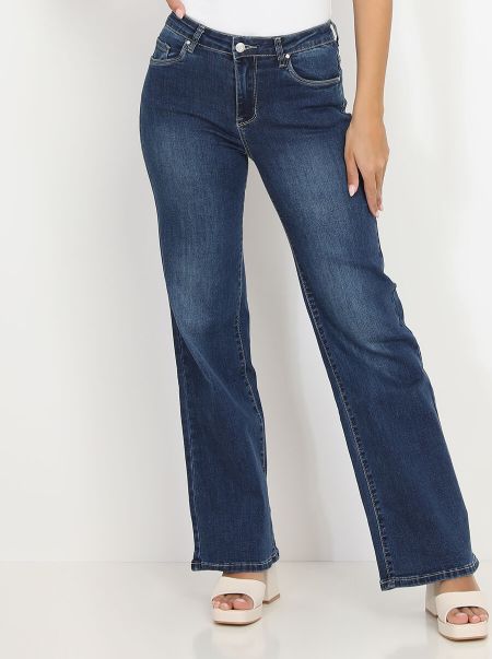 La Modeuse Femme Jeans Jeans Droit Et Ample Délavé- Bleu Foncé