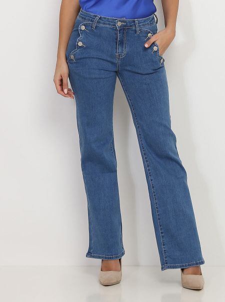 Jeans Jeans Droit À Poches Festonnées- Bleu Femme La Modeuse