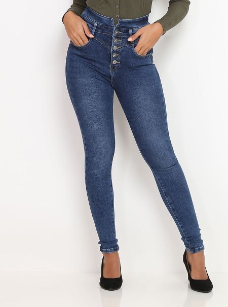 Jeans Jeans Skinny Brut Taille Haute À Boutons- Bleu Femme La Modeuse