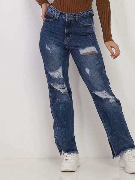Femme La Modeuse Jeans Large Destroy À Taille Haute- Bleu Jeans