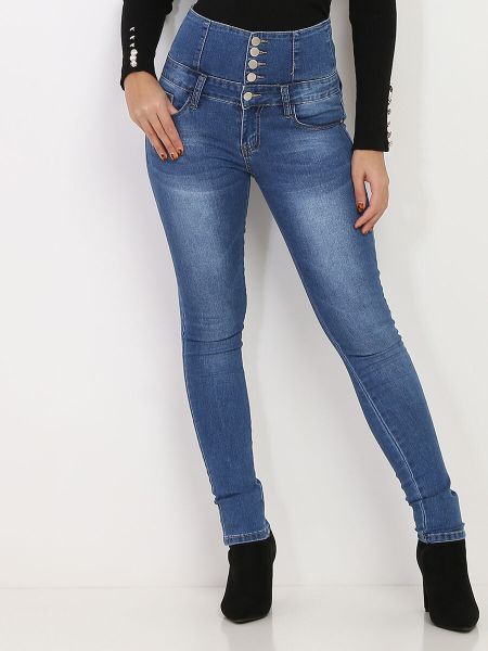 La Modeuse Jeans Femme Jeans Skinny Délavé Taille Haute À Boutons- Bleu
