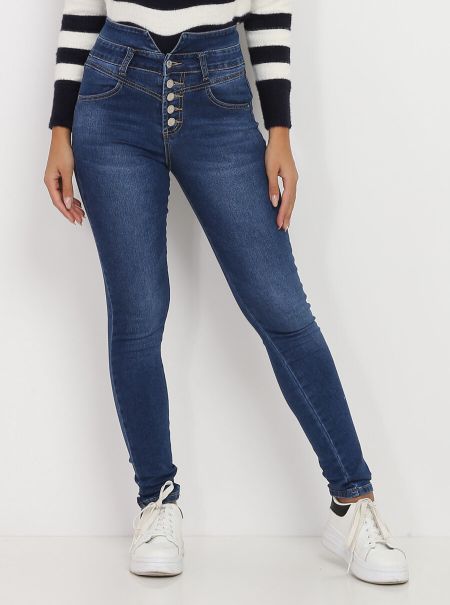 La Modeuse Jeans Femme Jeans Skinny Taille Haute À Boutons- Bleu