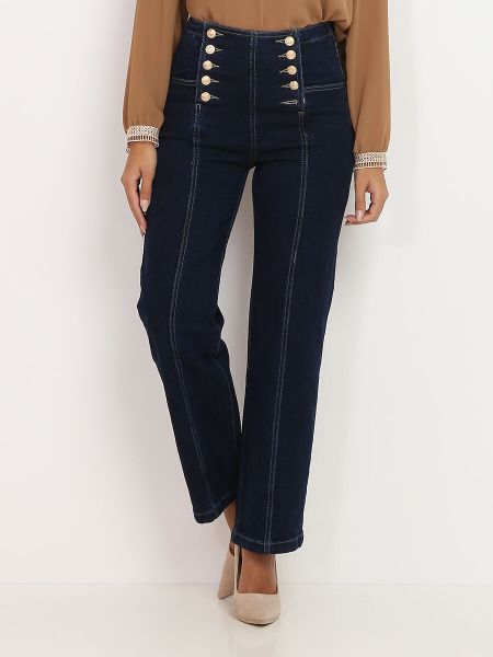 Jeans Large Taille Haute À Boutons- Bleu Foncé Jeans Femme La Modeuse