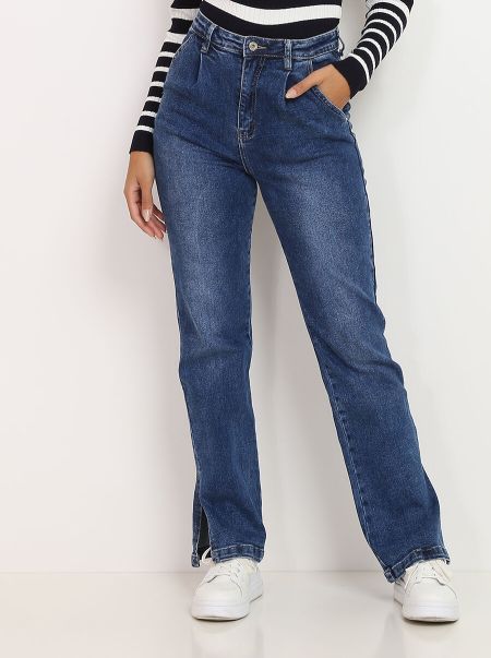 La Modeuse Jeans Jeans Droit À Fentes- Bleu Femme