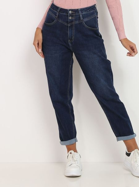 La Modeuse Mom Jeans À Double Boutonnage- Bleu Femme Jeans