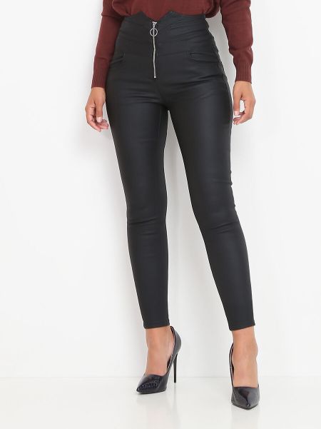 Femme Jeans Pantalon Skinny Enduit À Détail Corset- Noir La Modeuse