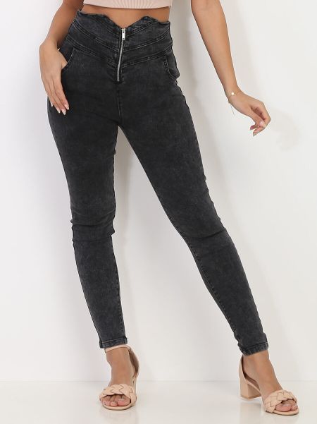 La Modeuse Jeans Skinny Taille Haute À Zip- Gris Femme Jeans