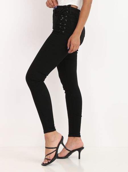 Jeans Taille Haute À Lacets- Noir Jeans Femme La Modeuse