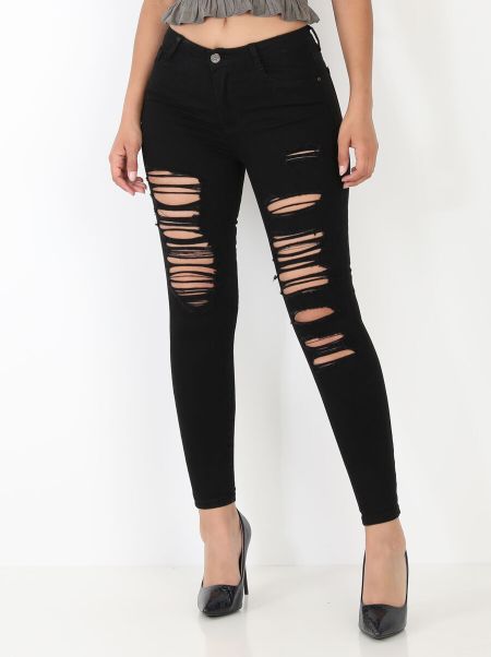 Jeans Skinny Moulant Et Destroy- Noir Femme Jeans La Modeuse