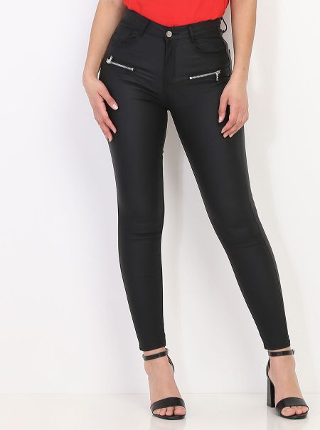 La Modeuse Femme Jeans Pantalon Skinny Enduit Avec Zips Décoratifs- Noir