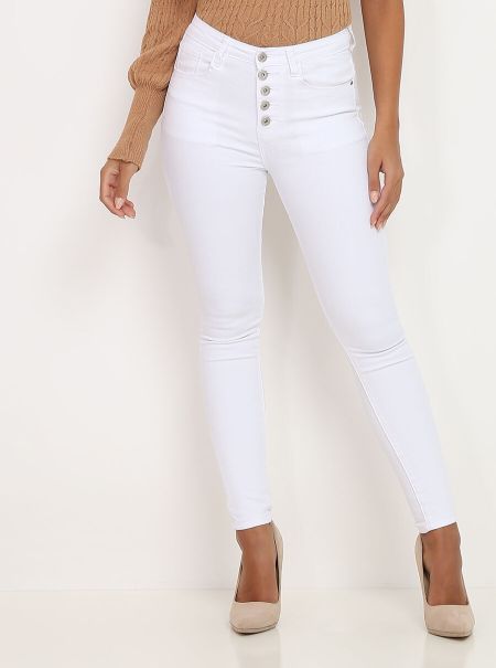 Jeans Femme Jeans Skinny À Boutons- Blanc La Modeuse