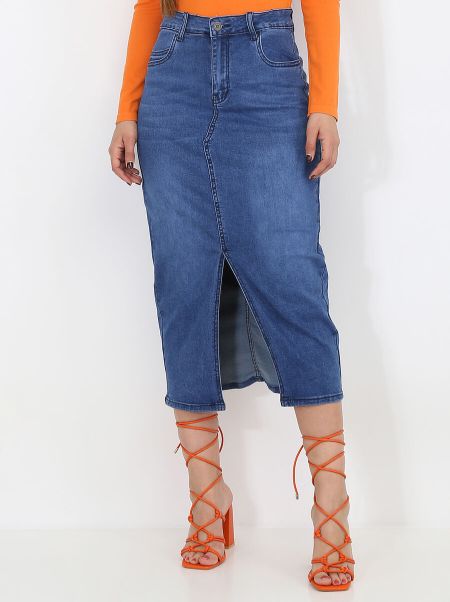 La Modeuse Femme Jupes Jupe En Jeans Mi-Longue À Fente- Bleu