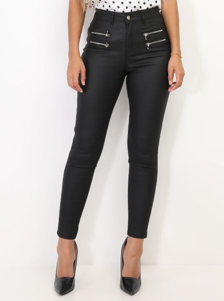 Pantalon Slim Enduit À Zips- Noir Pantalons La Modeuse Femme