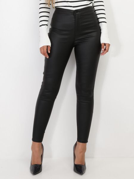 Pantalons La Modeuse Femme Pantalon Skinny Taille Haute Enduit- Noir