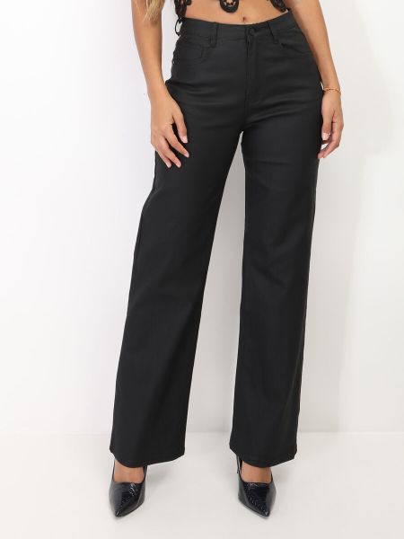 La Modeuse Pantalons Pantalon Droit Enduit- Noir Femme