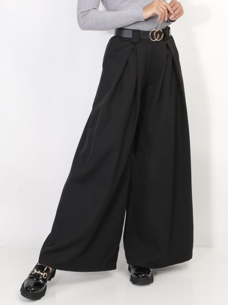 La Modeuse Pantalon À Pinces Large Avec Ceinture- Noir Femme Pantalons