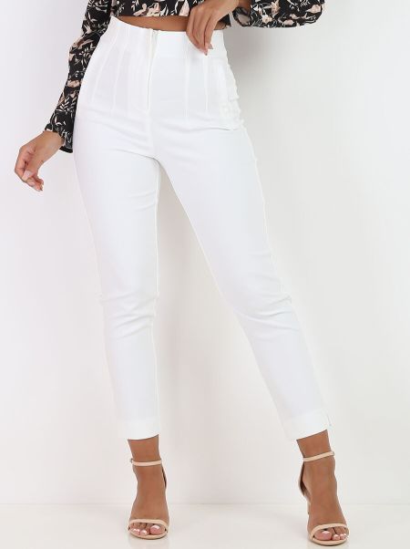 La Modeuse Femme Pantalon Droit Taille Haute- Blanc Pantalons