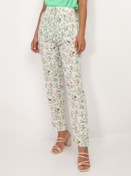 Pantalon Léger À Motif Fleurs- Blanc Femme La Modeuse Pantalons