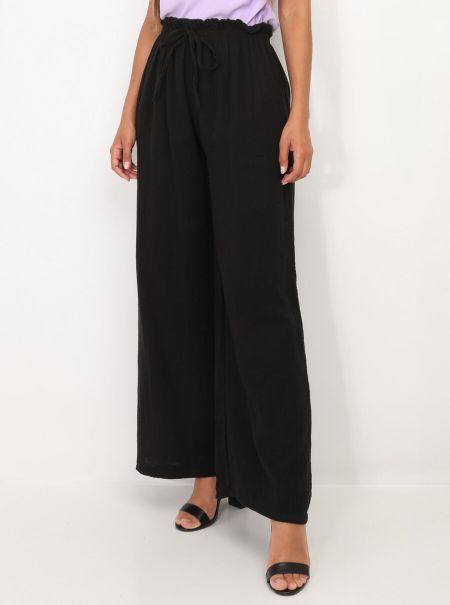 La Modeuse Pantalons Femme Pantalon Ample Texturé- Noir