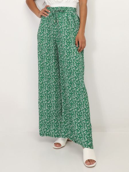 Pantalon Plissé À Motif Floral- Vert Pantalons Femme La Modeuse