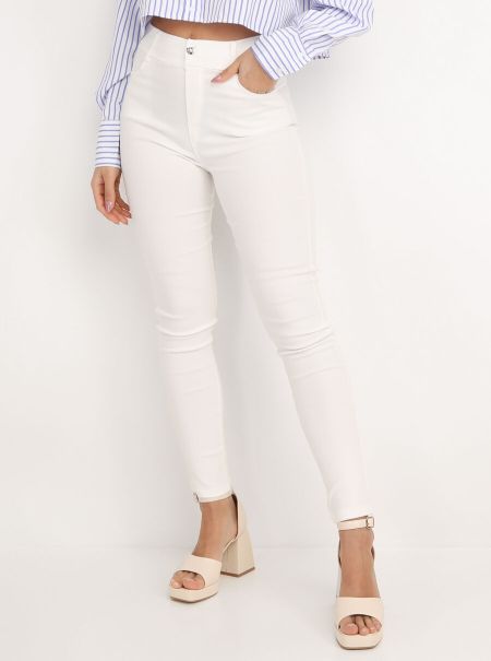 La Modeuse Femme Pantalon Skinny Stretch À Bouton Strass- Blanc Pantalons