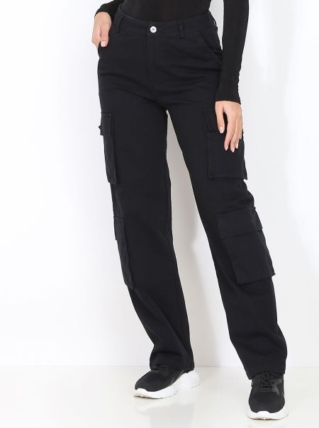 Femme Pantalons Pantalon Cargo Taille Haute- Noir La Modeuse