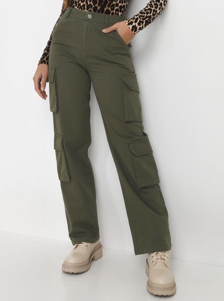 Pantalons Femme La Modeuse Pantalon Cargo Taille Haute- Kaki