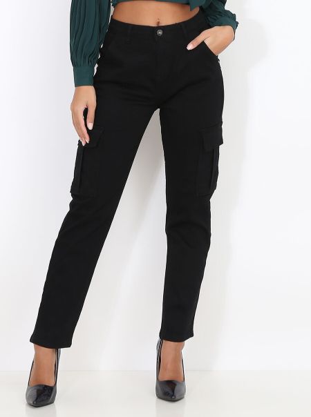 La Modeuse Femme Pantalons Pantalon Droit Style Cargo- Noir