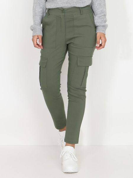 Femme Pantalon Cargo Droit- Kaki Pantalons La Modeuse