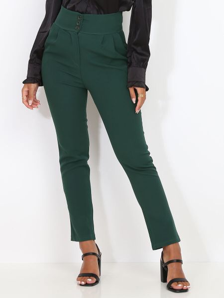 Pantalons Pantalon À Pinces Plissé Et Boutonné- Vert Foncé Femme La Modeuse