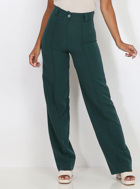 Femme Pantalon À Taille Haute Évasé- Vert Foncé La Modeuse Pantalons