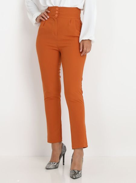 Femme Pantalon À Pinces Plissé Et Boutonné- Orange Foncé Pantalons La Modeuse