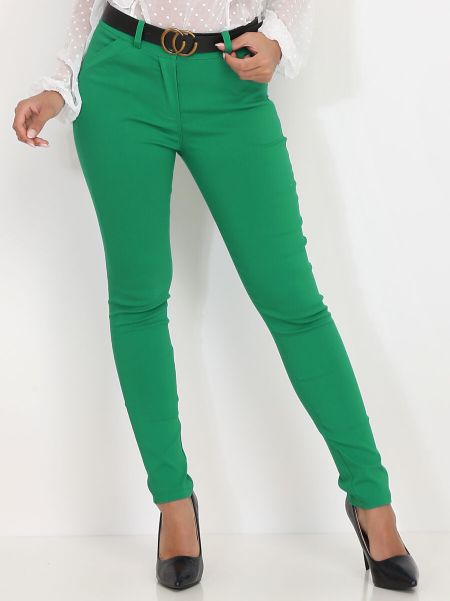 Pantalon Slim Avec Ceinture À Boucle Dorée- Vert Femme La Modeuse Pantalons