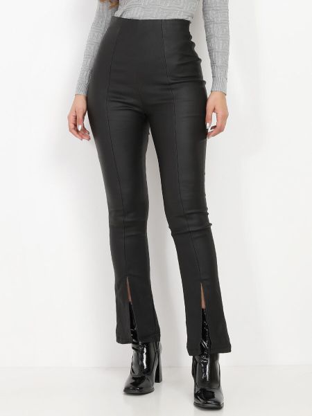 Femme Pantalons Pantalon Taille Haute Enduit À Fentes- Noir La Modeuse