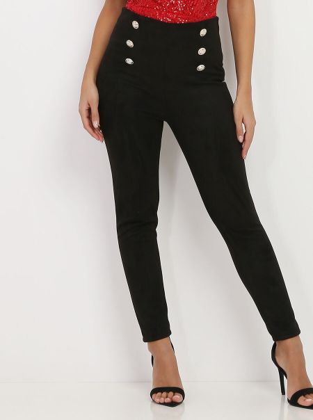 Pantalon Taille Haute En Suédine À Boutons- Noir La Modeuse Femme Pantalons