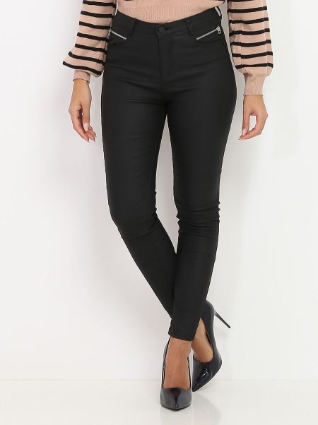 Pantalon Skinny Enduit À Zips- Noir Femme Pantalons La Modeuse
