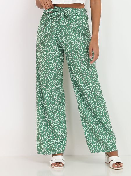 Femme Pantalons Pantalon Taille Haute À Motifs Petites Fleurs- Vert La Modeuse