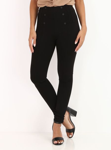 Pantalons La Modeuse Femme Tregging Taille Haute Avec Boutons Décoratifs- Noir