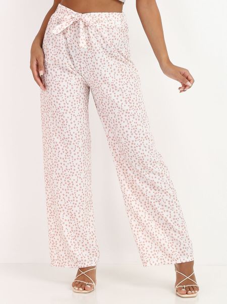 Pantalon Taille Haute À Motifs Petites Fleurs- Blanc Femme La Modeuse Pantalons
