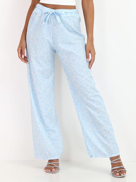 Pantalon Taille Haute À Motifs Petites Fleurs- Bleu Clair Femme La Modeuse Pantalons