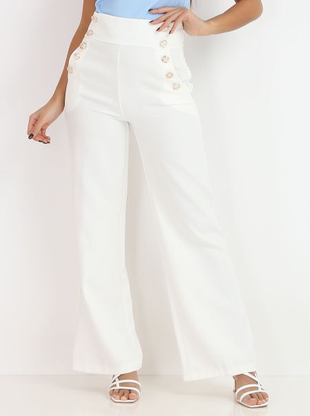 La Modeuse Pantalon Palazzo Style Officier- Blanc Pantalons Femme