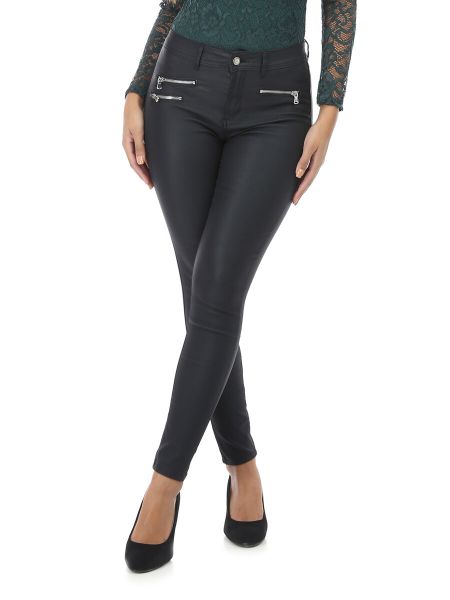 Pantalon Skinny Enduit À Zips- Noir Pantalons La Modeuse Femme