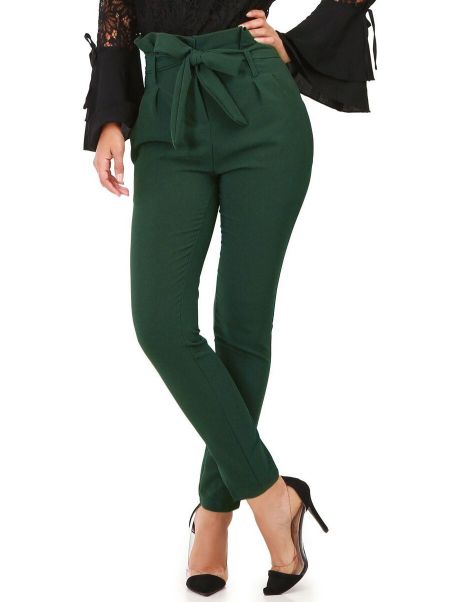 La Modeuse Pantalon Avec Ceinture À Nouer- Vert Foncé Femme Pantalons